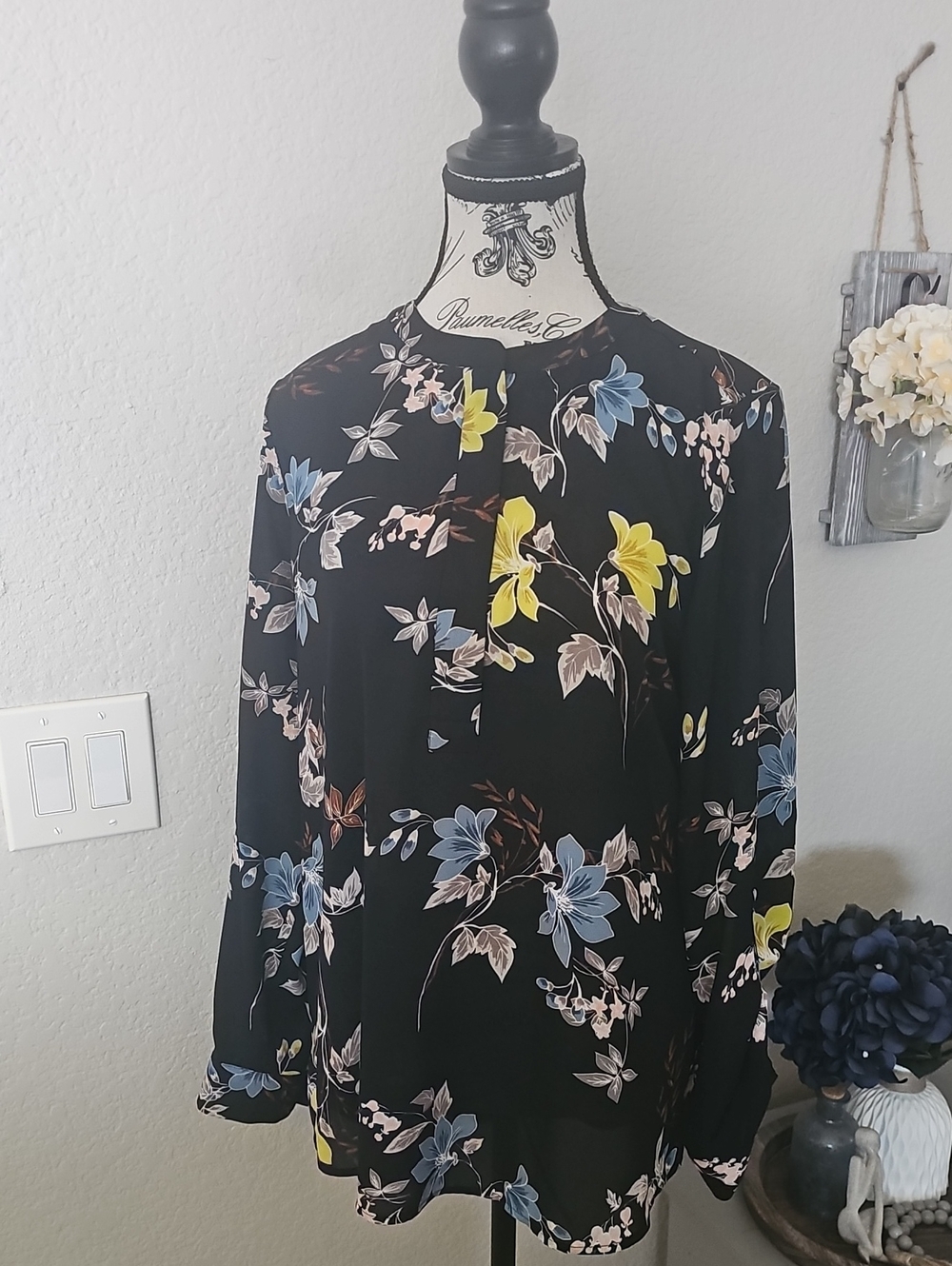 Apt. 9 Black Floral Long-Sleeve Blouse with Blue and Yellow Blooms